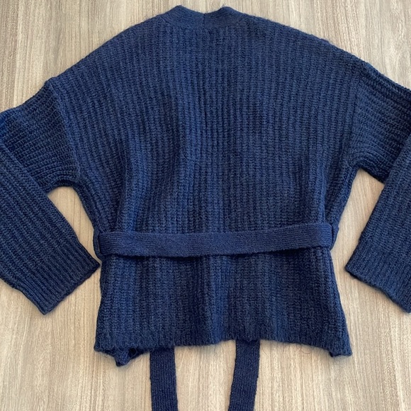 Aerie Navy Blue Wool Fuzzy Ribbed Sweater Tie Cardigan Long Sleeve NWOT - Picture 10 of 13